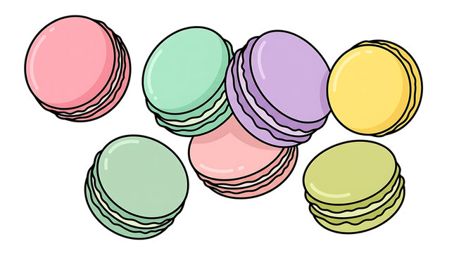 Colorful French macarons cartoon art collection, cute pastry design for print merchandise and gifts