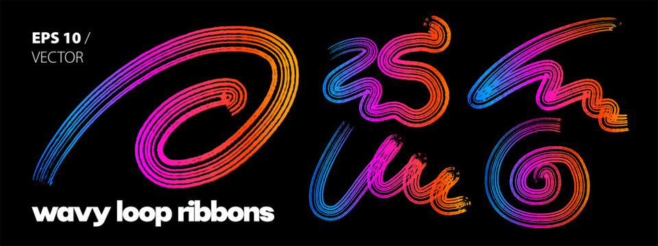 Hand drawn brush lines set with color gradient on black background. Abstract shapes, wavy rainbow ribbons. Wave elements for poster design. Spiral geometric vector isolated illustration
