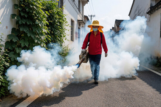 Worker uses thermal fogging machine to spray insecticide in village street. Man in red shirt, yellow hat controls mosquito population with toxic smoke. Pest control specialist prevents dengue fever,
