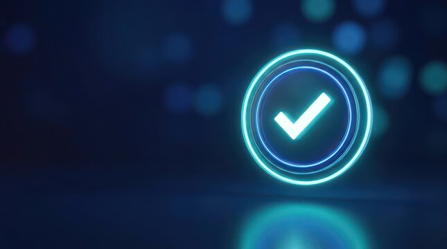 3D render of glowing cyan security badge with checkmark symbol on dark bokeh background representing verified access quality assurance success and approved compliance status