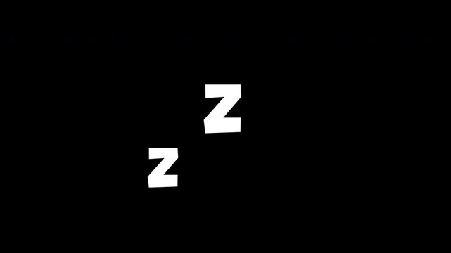 Animated sleeping Zzz symbols floating upward overlay, white bold letter Z zzz snore motion graphic element on black background.