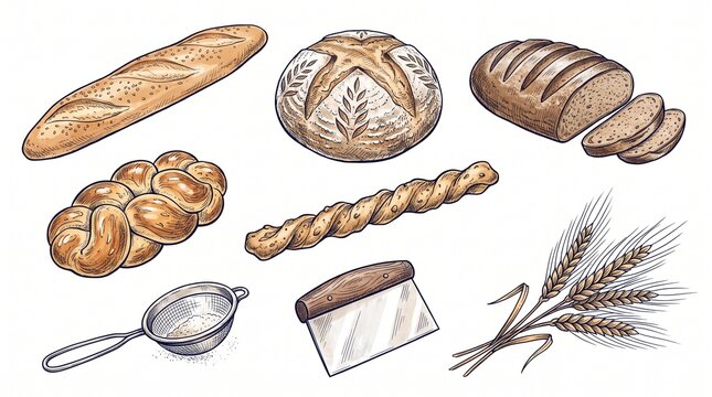 Artisanal bread collection with sourdough and baguette, vintage bakery illustration set, rustic wheat stalks and baking tools for menu design.