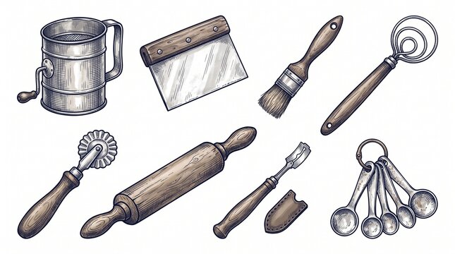 Rustic vintage baking tools set, hand-drawn wooden kitchen utensils, antique flour sifter and rolling pin icons, culinary equipment for bakery.