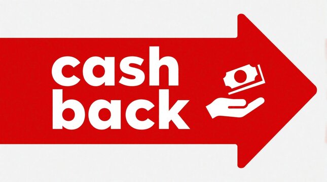 Red arrow banner with white cash back text, money icon. Hand holds banknote inside red sign. Graphic element for retail sale, finance discount, shopping promotion. Marketing label shows refund offer