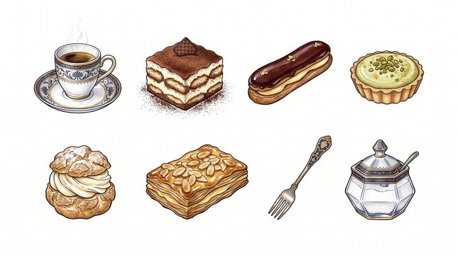 Vintage hand-drawn dessert collection with 8 elements, classic French pastries and coffee set, gourmet bakery illustrations for cafe menus
