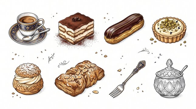 Vintage hand-drawn dessert and coffee collection, set of 8 gourmet pastry illustrations, artisanal bakery sketches for menu design