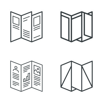 Set of four brochure icons, tri-fold and bi-fold layouts, clean line art for marketing and design concepts