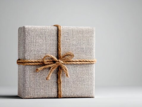 A square package wrapped in textured fabric, tied with natural twine, and set against a soft gray backdrop