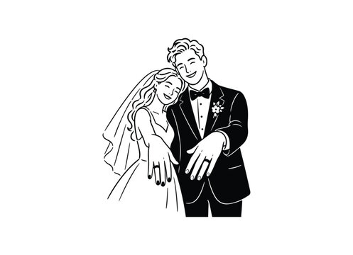 Cute newlywed bride and groom celebrating marriage with flowers, hearts and romantic details