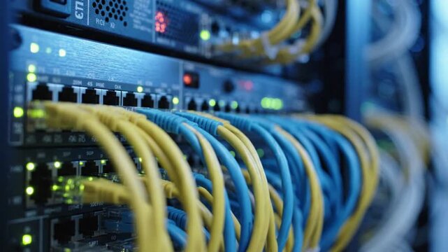 Macro Shot of Network Switch with Blinking LED Lights and Ethernet Cables