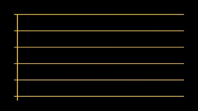 4K loop animation of evenly spaced yellow horizontal lines with empty space meet a vertical margin line on transparent background for overlay on video, alpha channel, write text, marketing, statistics