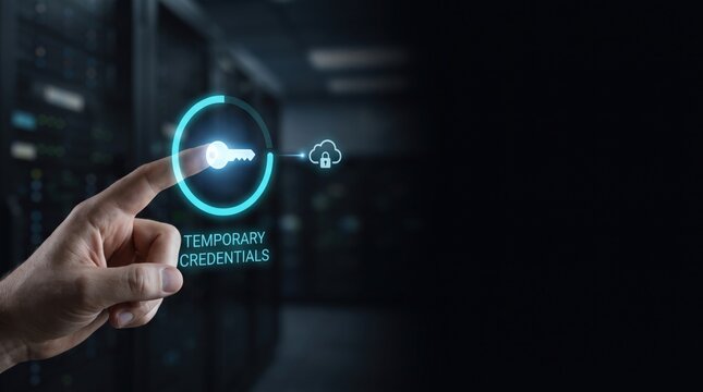 Temporary Access - A human hand activating temporary credentials to access a secure cloud resource, symbolizing cybersecurity and digital authentication.