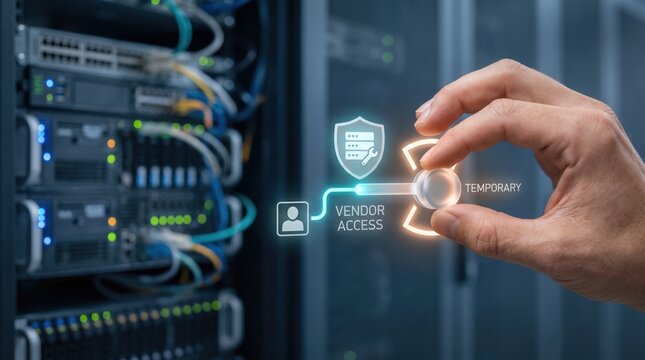 Temporary Access - A hand authorizes temporary vendor access on a secure enterprise server for restricted maintenance.