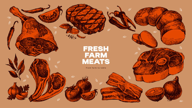 Hand drawn sketch meat and vegetables frame. Butcher shop background. Vector vintage collage illustration. Menu poster design