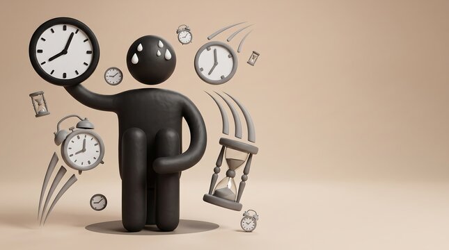 Anxious figure surrounded by flying clocks and hourglasses symbolizing time pressure and stress