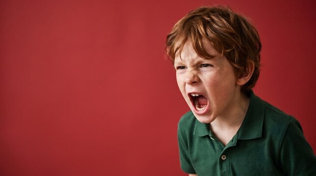 Portrait of a young boy with red hair screaming in anger against a red background