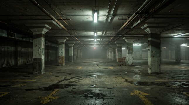 Empty underground parking garage with dim fluorescent lighting and a lone shopping cart