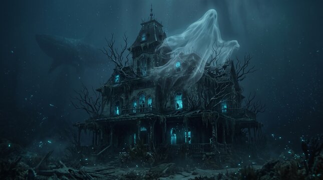 Haunted Victorian mansion floating ghost in deep underwater abyss