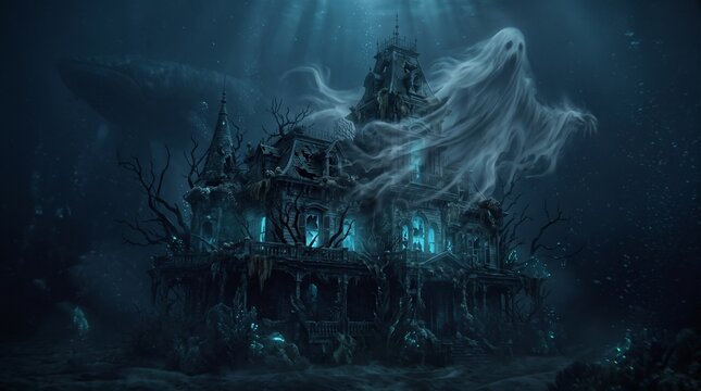 Eerie ghost floating over a mysterious sunken Victorian mansion underwater