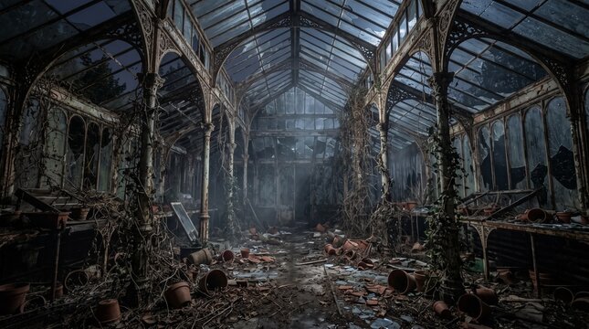 Abandoned Victorian Greenhouse with Overgrown Vines and Broken Glass
