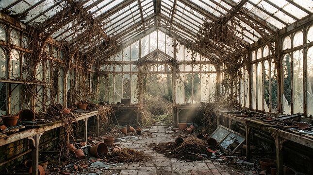 Abandoned Victorian Greenhouse with Overgrown Vines and Sunlight