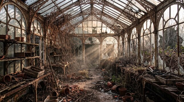 Abandoned Victorian Greenhouse with Overgrown Vines and Sunbeams
