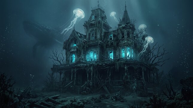Haunted Victorian mansion submerged underwater with glowing jellyfish and whale