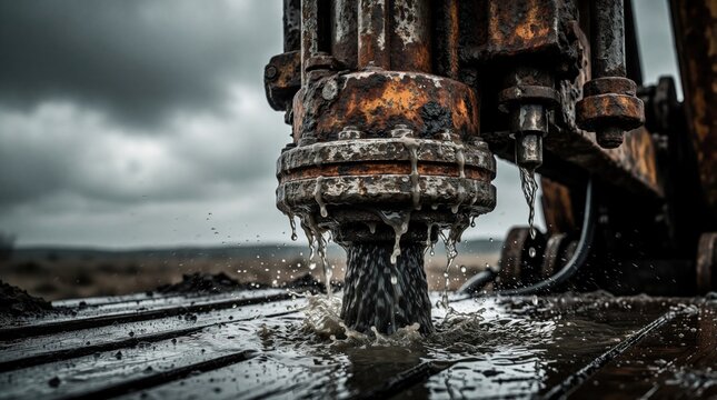 Industrial drilling rig discharges thick mud, slurry from borehole. Heavy machinery works on construction site under cloudy sky. Dirty water flows from drill head during deep well extraction process