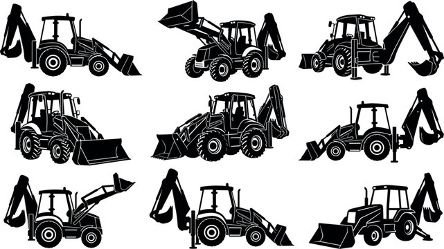 Backhoe loader construction excavator silhouette vector set