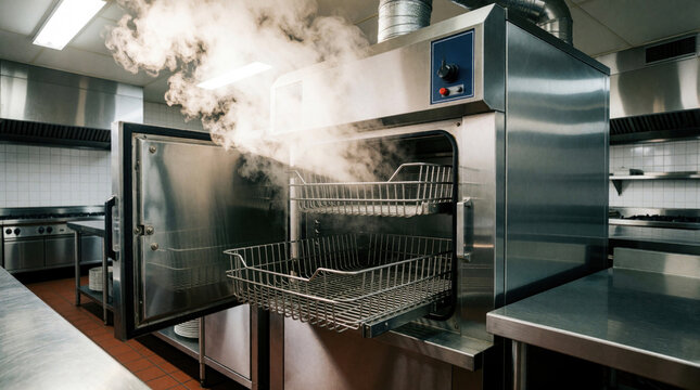 Open door of industrial dishwasher in commercial kitchen. Hot steam rises from empty metal racks after washing cycle. Stainless steel machine stands in restaurant food prep area. Pro equipment for