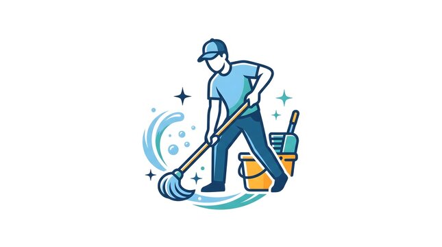 Vector illustration of a male janitor or professional cleaning service worker mopping the floor.