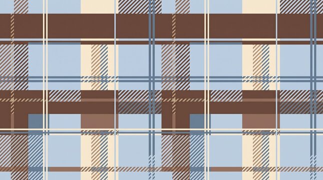 A seamless repeating pattern of a classic tartan plaid design featuring intersecting lines of brown, light blue, and cream.