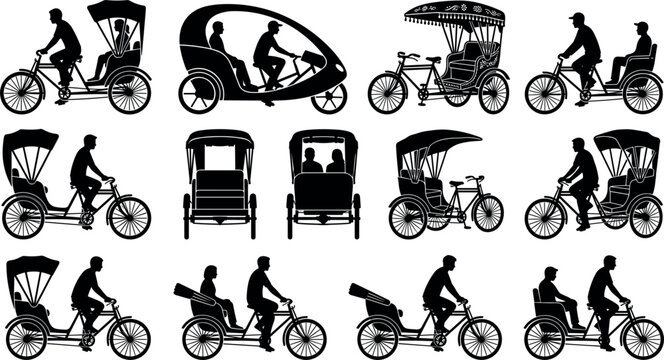 Traditional rickshaw and Asian three wheeler silhouette set with puller passengers transport city traffic solid black vectors.