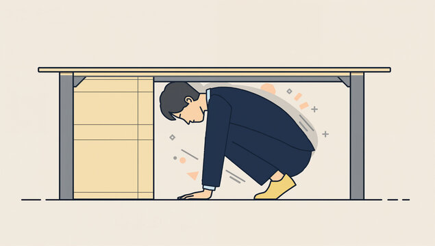 机の下で頭を低くして身を守る人物の図