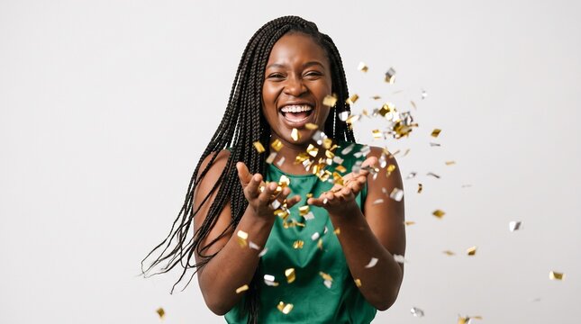 Happy Young African American Woman Celebrating and Throwing Golden Confetti in Studio