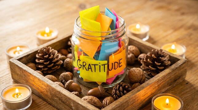 Gratitude jar with colorful notes pinecones and candles on a wooden