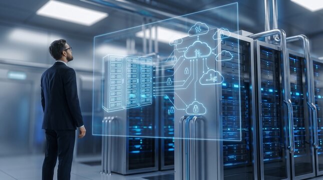 Cloud computing engineer monitoring server racks with digital