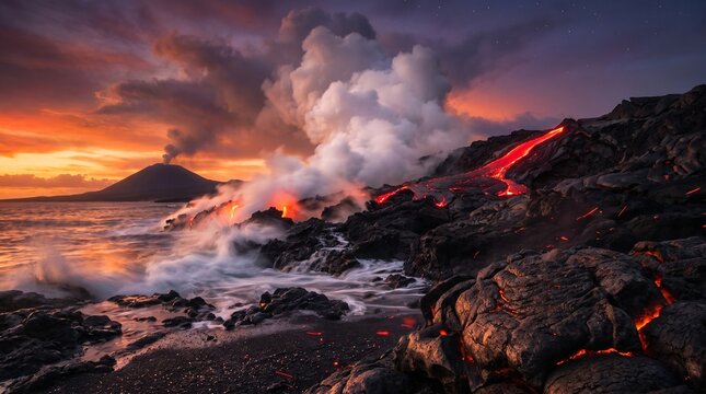 Volcanic eruption spectacle showcases lava flow meeting ocean waves