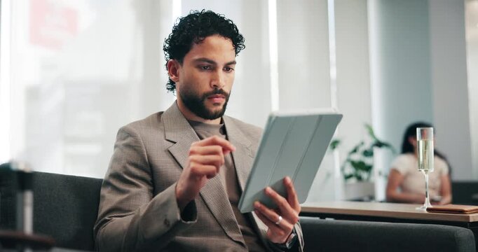 Business, man or tablet in airport lounge with research, check flight status or layover productivity. Corporate travel, person and tech scroll for departure update, work trip agenda and transit lobby