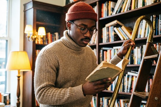 Joven negro en el interior de una acogedora librer&iacute;a independiente; lleva gafas redondas de carey y lee un libro de bolsillo de segunda mano mientras est&aacute; subido a una escale