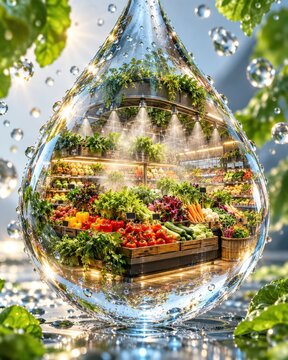 Giant crystal water droplet reflecting a vibrant indoor supermarket produce aisle.