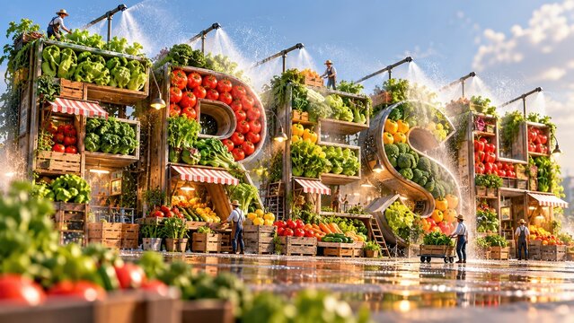 Giant letters spelling fresh are intricately built from wooden crates and overflowing with vibrant red tomatoes, leafy greens, and colorful vegetables under bright outdoor sunlight.