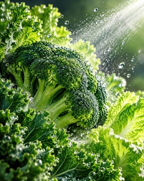 Broccoli and curly kale leaves getting washed under a refreshing spray of crystal clear water, highlighting the detailed textured green surfaces in bright sunlight.