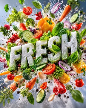 Fresh text made of vegetables floats amid an explosion of colorful bell peppers, carrots, and water droplets.