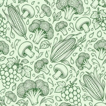 Broccoli pattern showcases hand drawn monochrome vegetables with mushrooms and corn on a soft mint green background.