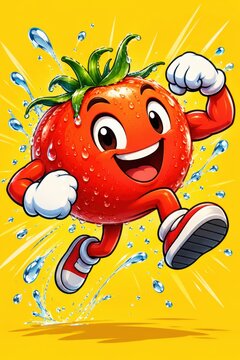 Tomato character running energetically with cheerful expression against a bright yellow background features dynamic motion lines and splashing water drops.