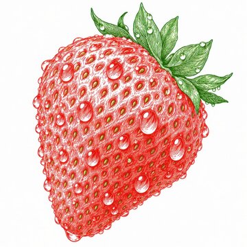 Strawberry isolated on white background showcases detailed seed textures, glossy red skin, and glistening dew drops on fresh green leaves.