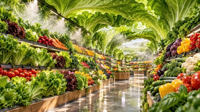Supermarket aisle overflowing with vibrant fresh vegetables, featuring glistening lettuce shelves and towering leafy canopies overhead.