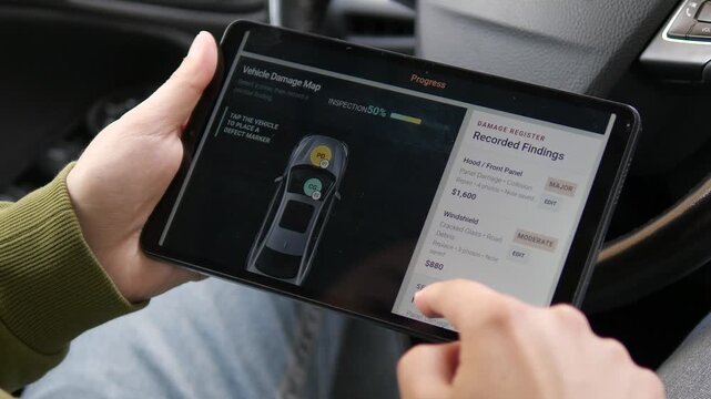 Insurance adjuster reviews vehicle damage on a tablet, mapping defects and logging repair estimates through a digital claims workflow inside a car.