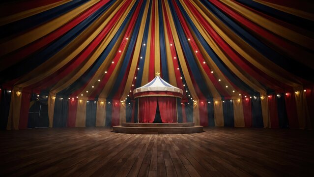 Wide angle view of an empty circus tent with red, yellow, and blue striped canvas and a central stage